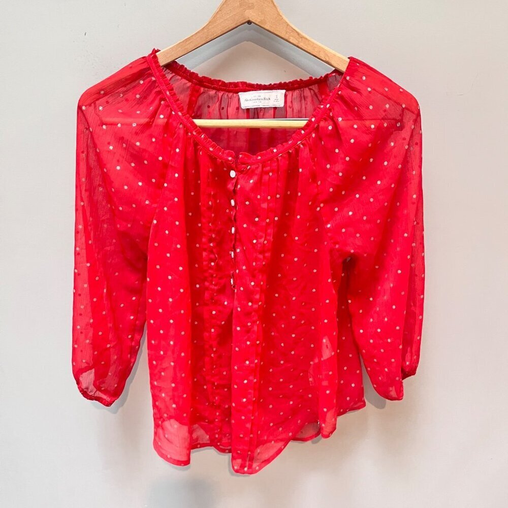 Abercrombie & Fitch Womens Sheer Red Polka Dot Blouse Button-Front Size S